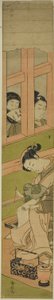 Cortigiana che scrive una lettera mentre due uomini osservano attraverso una grata della finestra da Suzuki Harunobu