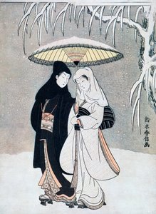Corvo e Airone, o Giovani amanti che camminano insieme sotto un ombrello durante una tempesta di neve, c1769