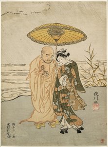 Daruma e una giovane donna sotto la pioggia da Suzuki Harunobu