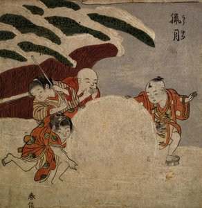 Quattro ragazzi che fanno una palla di neve, c.1768 (stampa a blocchi di legno a colori)