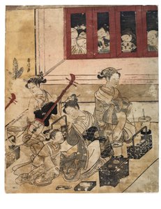 Quattro ragazze di Yoshiwara in una stanza da Suzuki Harunobu
