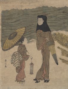 Signora con cappuccio nero e ombrello che passeggia con un giovane assistente da Suzuki Harunobu