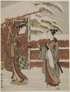 Mitate di una scena dal dramma Kabuki Versione femminile degli alberi in vaso, c. 1768 da Suzuki Harunobu