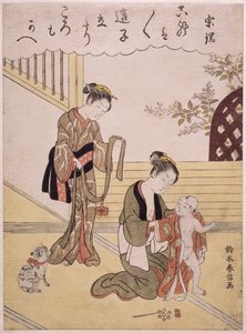 Una madre che veste il suo giovane figlio in un kimono da Suzuki Harunobu