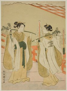 Le Sacerdotesse Onami e Ohatsu che Ballano al Santuario di Yushima Tenjin da Suzuki Harunobu
