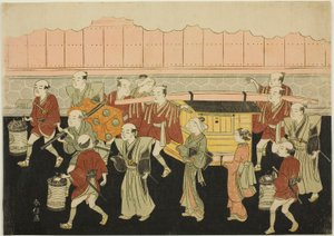 La sposa in palanchino verso la casa del marito (Koshi-iri), terzo foglio della serie "Il matrimonio nelle stampe di broccato, la carrozza della donna virtuosa (Konrei nishiki misao-guruma)".