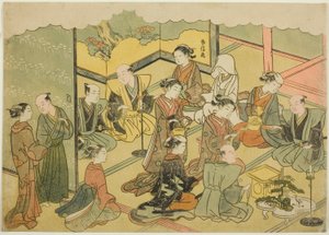 Il Sake Cerimoniale (Konrei sakazuki), il quarto foglio della serie "Matrimonio in Stampe Broccate, il Carro della Donna Virtuosa (Konrei nishiki misao-guruma)"