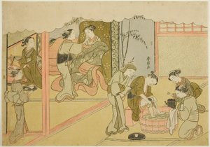 Il primo parto (Uizan), il settimo foglio della serie "Matrimonio in stampe broccate, il carro della donna virtuosa (Konrei nishiki misao-guruma)" da Suzuki Harunobu