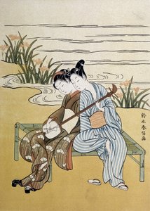 Lo shamisen: coppia che suona lo shamisen - di Harunobou, in "Japan artistique", luglio 1890 da Suzuki Harunobu