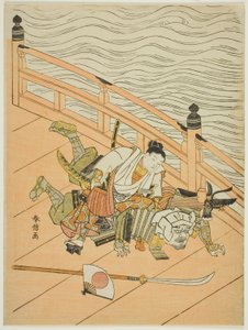 Ushiwakamaru e Benkei che combattono sul ponte Gojo da Suzuki Harunobu