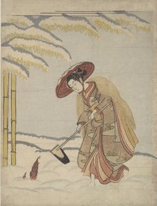 Donna che scava germogli di bambù nella neve, o parodia di Meng Zong Moso, da Ventiquattro..., ca. 1765