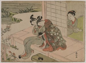 Donna che guarda una giovane coppia abbracciarsi su una veranda, fine 1760 da Suzuki Harunobu