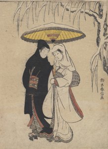 Giovani amanti che camminano insieme sotto un ombrello in una tempesta di neve, corvo e airone, ca. 1769 da Suzuki Harunobu
