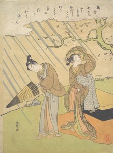 Giovane uomo e donna sorpresi dalla pioggia mentre ammirano i fiori di ciliegio Sakura-gari..., ca. 1768-70 da Suzuki Harunobu