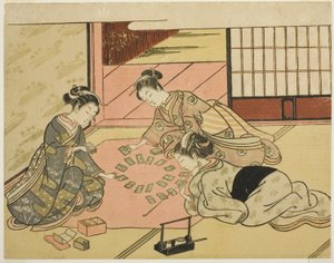 Giovani donne che giocano a carte poetiche da Suzuki Harunobu