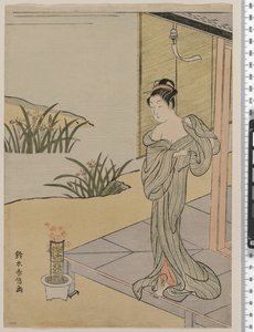 Giovane donna che guarda un vaso di garofani, c.1767 da Suzuki Harunobu