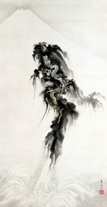 Drago in ascesa e Monte Fuji (inchiostro e oro su carta) da Suzuki Kiitsu