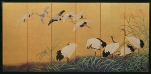 Schermo a sei pieghe raffigurante canne e gru, periodo Edo, Giapponese, XIX secolo (colore su seta dorata) da Suzuki Kiitsu
