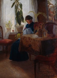 Interno con donna che cuce