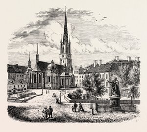 La chiesa di Riddarholmen, Riddarholmskyrka, Stoccolma, Svezia (incisione)