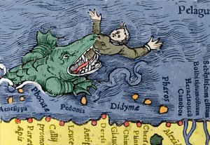 Mostro marino che mangia un umano, illustrazione da 