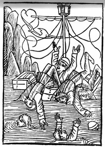 La leggenda di San Brendan (Brandan), eroe e santo irlandese del VI secolo. Le navi affondano nel Mare di Cleves. Incisione di 