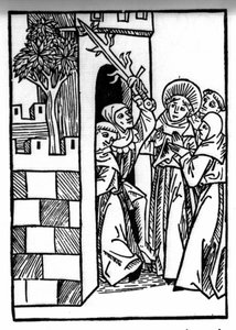 La leggenda di San Brendan (Brandano), eroe e santo irlandese del VI secolo. Uno dei monaci è imprigionato. Incisione di "Die Wunderbare Meerfahrt des Hl. Brandan." Bale