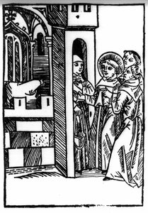 La leggenda di San Brendan (Brandan), eroe e santo irlandese del VI secolo. Uno dei monaci ruba un calice. Incisione di 
