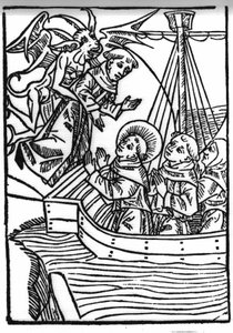 La leggenda di San Brendan (Brandan), eroe e santo irlandese del VI secolo. La preghiera di San Brandan salva il monaco peccatore. Incisione di 