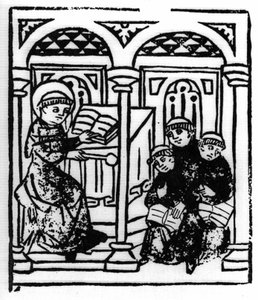 La leggenda di San Brendan (Brandano), eroe e santo irlandese del VI secolo. Il santo racconta le meraviglie del mare ai suoi confratelli del monastero. Incisione di "Die Wunderbare Meerfahrt des Hl. Brandan." Bale da Swiss School