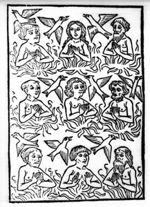 La leggenda di San Brendan (Brandan), eroe e santo irlandese del VI secolo: i fuochi del Purgatorio e gli uccelli di fuoco. Incisione di 
