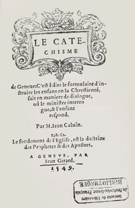 Pagina del titolo del Catechismo di Giovanni Calvino, pubblicato a Ginevra, 1549