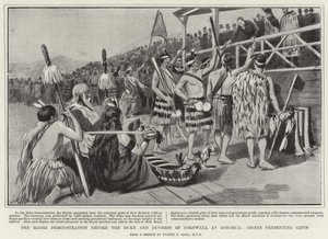 La dimostrazione Maori davanti al Duca e alla Duchessa di Cornovaglia a Rotorua, Capi che presentano doni