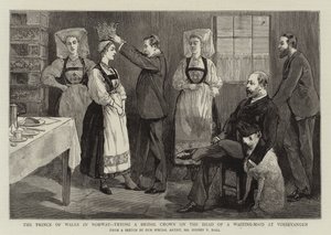 Il Principe di Galles in Norvegia, prova una corona nuziale sulla testa di una cameriera a Vossevangen da Sydney Prior Hall