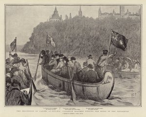La processione delle canoe a Ottawa, i barcaioli canadesi cantano vecchie canzoni dei voyageurs