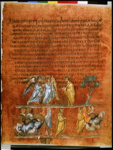 Pagina intera: testo e miniatura: due angeli messaggeri riferiscono l