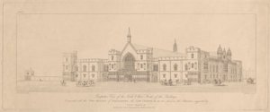 Veduta prospettica delle facciate nord e ovest degli edifici collegati con le due case del Parlamento, i tribunali da T. Kearnan