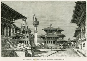 Piazza del Palazzo Reale di Patan (attuale Lalitpur). Incisione di Taylor per illustrare la storia Viaggio in Nepal, del Dr. Gustave Le Bon (1841-1931), in Le Tour du monde 1886, diretto da Edouard Charton (1807-1890), Hachette, Parigi.