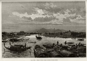 Veduta di Hue (Vietnam), con descrizione della navigazione sul fiume Song Huong e della pagoda Thien Mu, dietro le mura perimetrali (incisione) da T Taylor