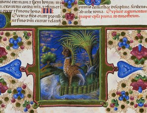 Fregio di bordo al piede della pagina con animale mostruoso nel paesaggio, Volume II, f 207, v, Bibbia di Borso d