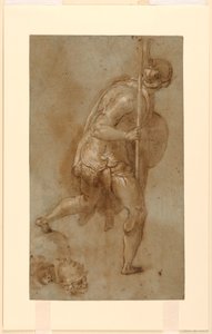 Soldato che corre: Studio per figura in primo piano a sinistra, "Il tradimento di Cristo," Roma, S. Maria della Consolazione, Cappella Mattei; Studi separati di due teste