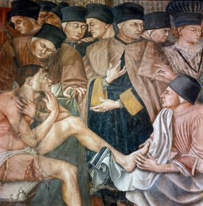 Cura dei malati in un ospedale, infermiere lavano i piedi di un pellegrino ferito (dettaglio) da Taddeo di Bartolo