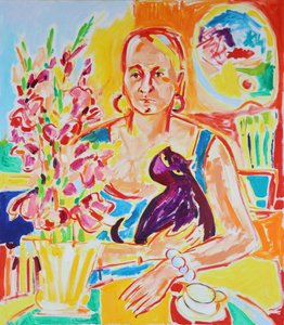 Autoritratto con gatto viola, ispirato a Max Beckmann, olio su tela, 2024