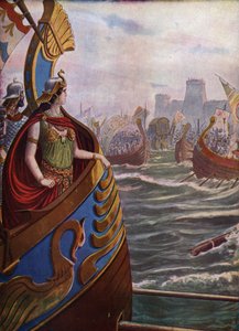 Antichità romana: la regina egiziana Cleopatra VII alla battaglia di Azio nel golfo di Ambracia il 2 settembre 31 a.C. contro la flotta di Ottaviano da Tancredi Scarpelli