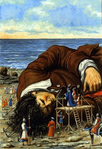 Illustrazione del racconto Il viaggio di Gulliver di Jonathan Swift (1667-1745). Gli abitanti di Lilliput legano il gigante Gulliver. Disegno di Tancredi Scarpelli, XX secolo.