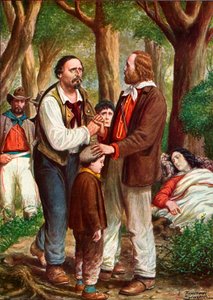 Nei boschi di pini di Ravenna, Garibaldi pone la sua moglie morente Anita sotto gli alberi da Tancredi Scarpelli