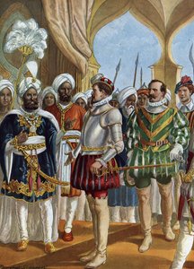 Navigatore portoghese Pedro Alvares Cabral (1460-1526) alla corte del re (Zamorin) di Calicut (Kozhikode) il 13/09/1500 per negoziare l