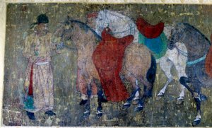 Arte cinese: due palafrenieri che guidano quattro cavalli in una stalla imperiale (dettaglio) da Tang Dynasty Chinese School