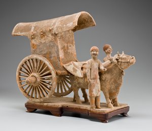 Carro a due ruote con bue e due attendenti in piedi
