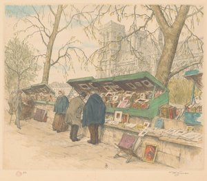 Bancarelle di libri sul Quai de Montebello, con la Notre-Dame sullo sfondo